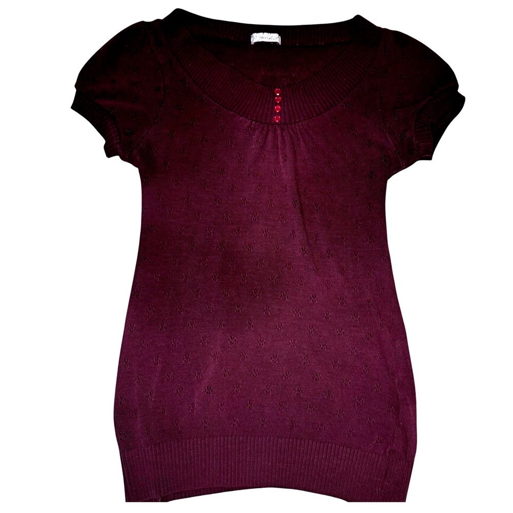 VTG‎ Full Tilt Burgundy Knit Top Puff Sleeve Y2K Eyelet Sweater Blouse Size S